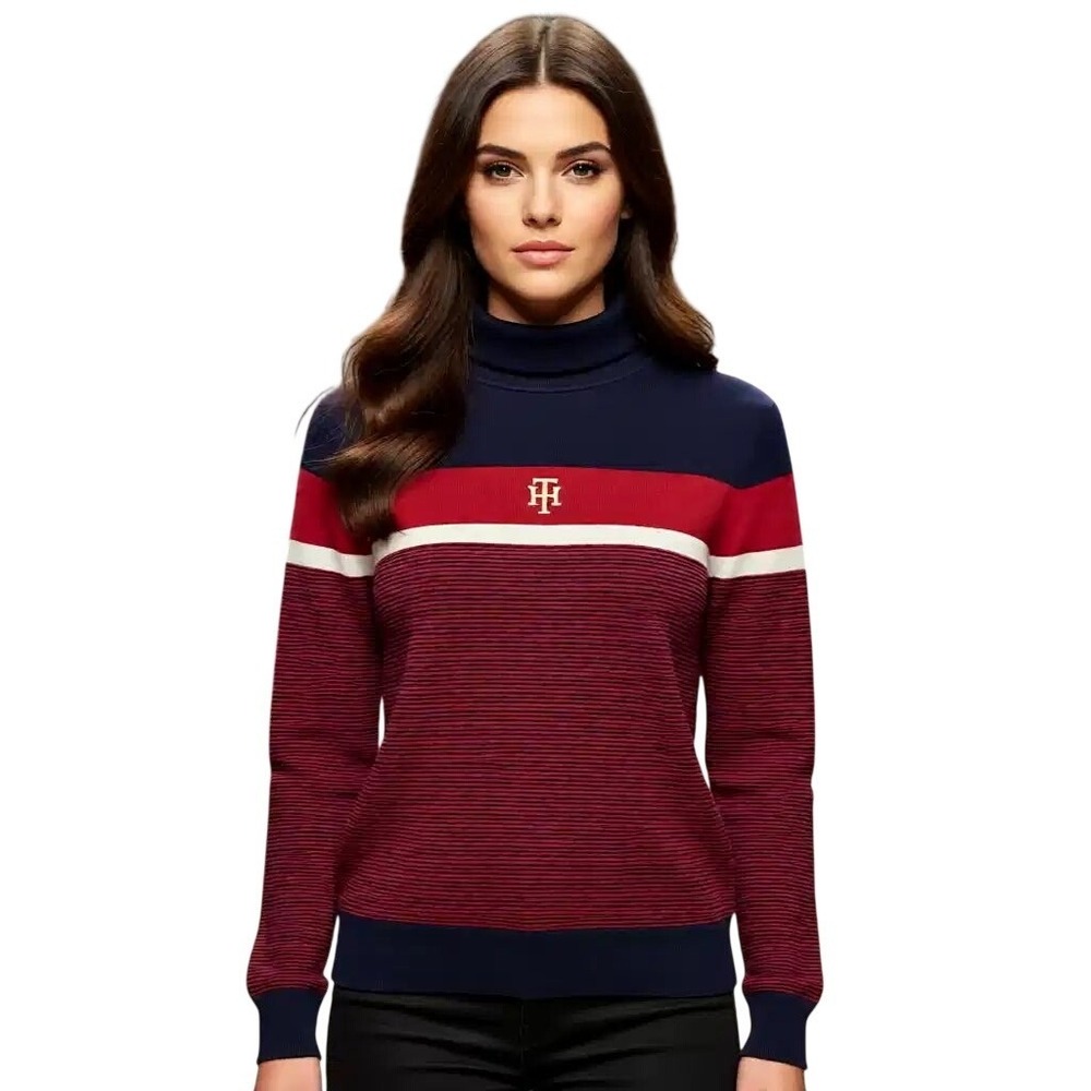 Tommy Hilfiger Women Navy Red White Stripe Turtleneck Sweater Logo MD NWT